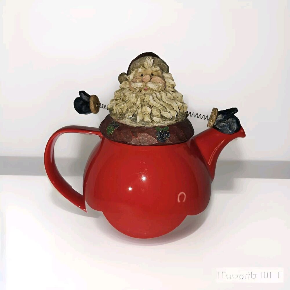 SANTA CLAUS Custom Christmas Teapot Springy Arms Holiday 8.5"x8" Red Ceramic